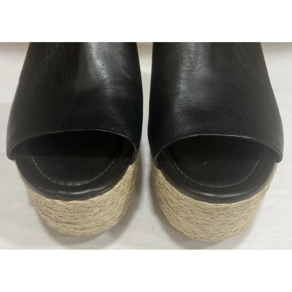 Michael Kors Cunningham Black Leather Platform Wedge Heel Jute Logo Open Toe 8.5